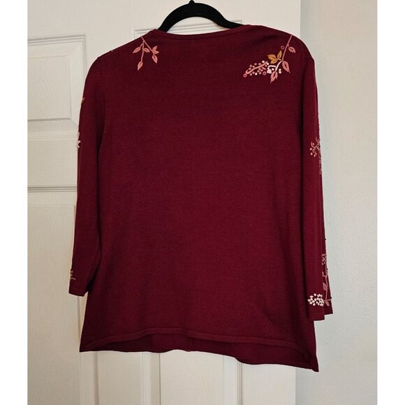 Laura Ashley Womens Burgundy Floral Embroidered V-Neck Sweater L Romantic Boho - Picture 2 of 12